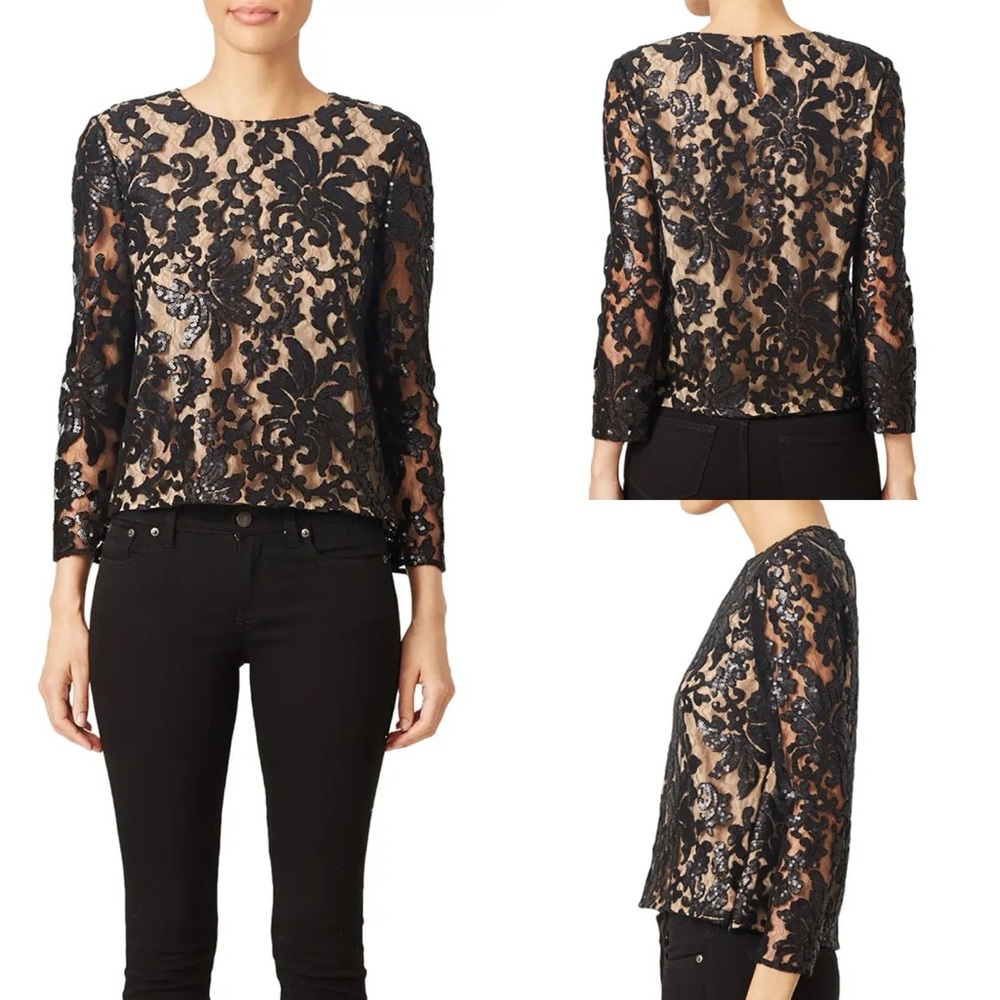 Diane von Furstenberg DVF NWT Belle Sequin Lace Top Black/Nude Size 6